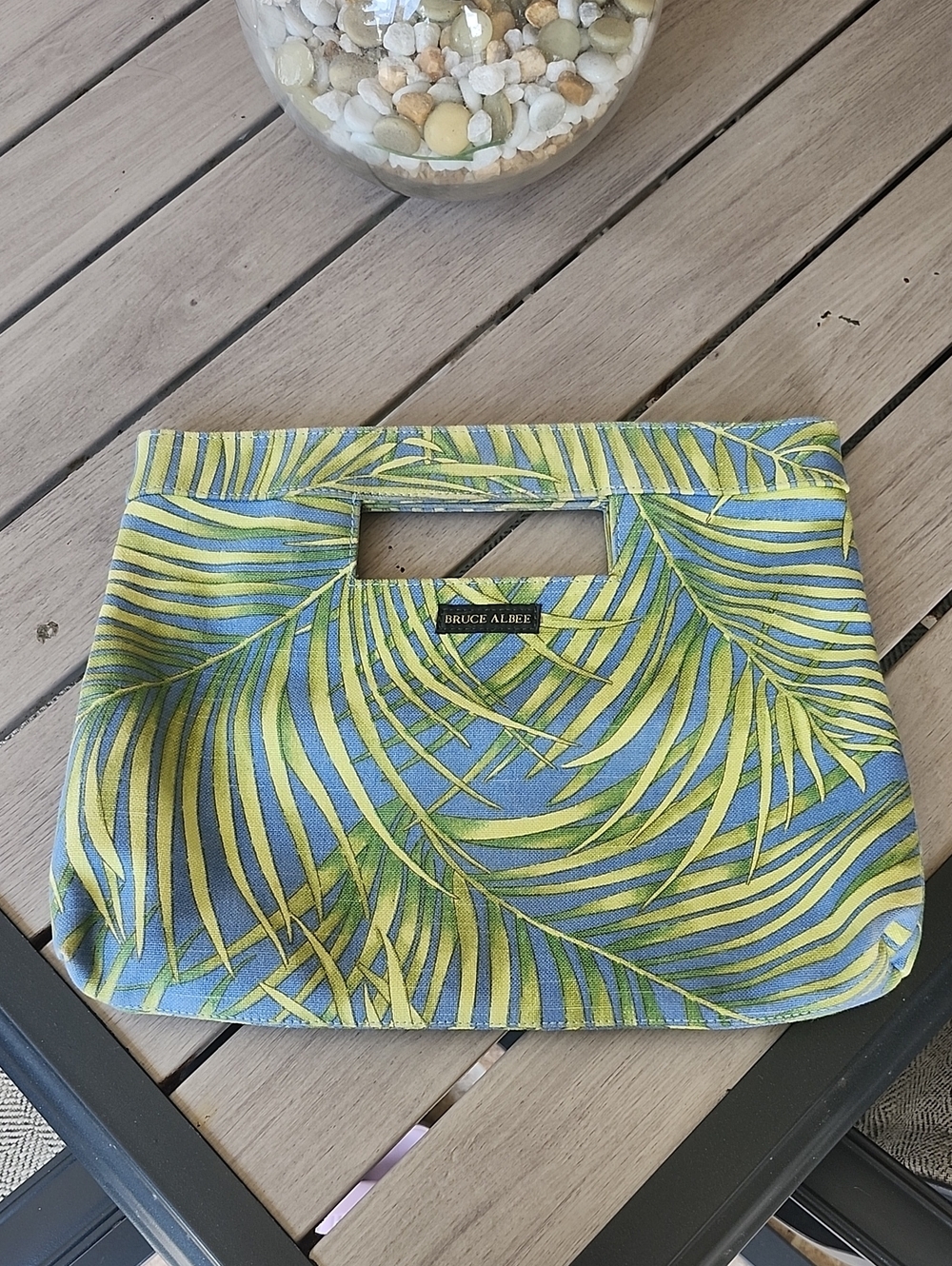 Vintage Blue & Green Tropical Palm-Print Wristlet Clutch